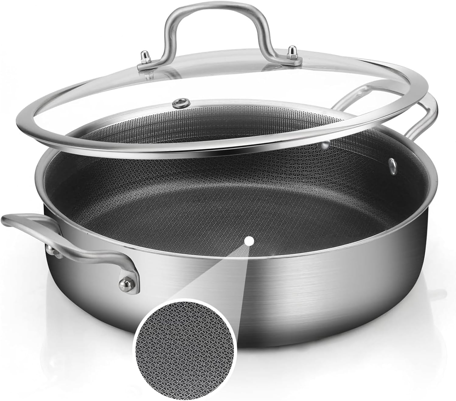 Large 3 Quart Tri-Ply Nonstick Stainless Steel Skillet – Saute, Fry & Bake in One Pan – Easy-to-Clean, PFOA-Free, Oven & Dishwasher Safe for Family Meals