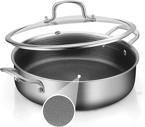 Miniatura 10 de Sartén de 7 cuartos de galón con tapas, sartén antiadherente de 12 pulgadas de profundidad, sartén grande de tres capas con tapa con mango que se