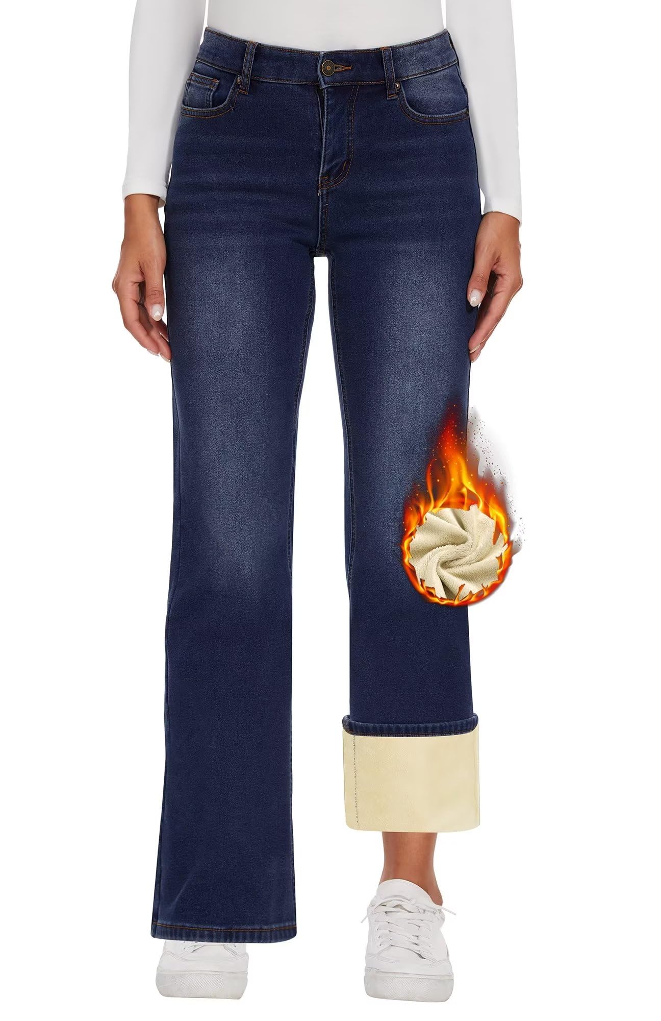 KDF Fleece Lined Jeans Women High Waisted Wide Leg Baggy Jeans