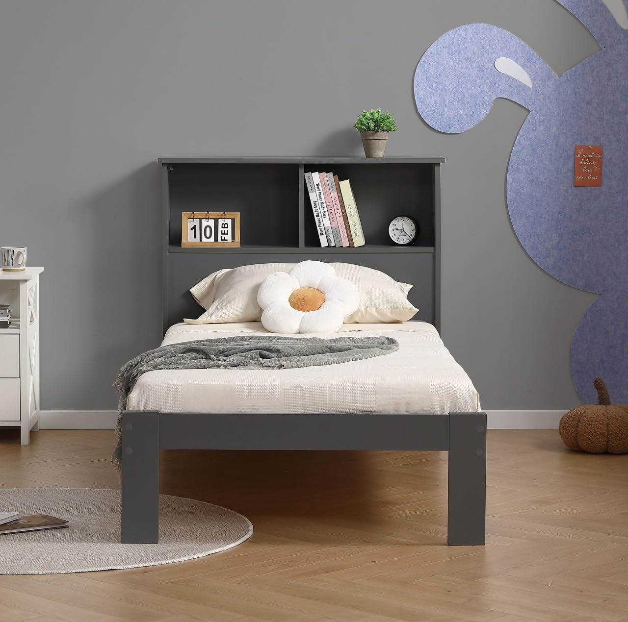 MissionTM Easton Single Bed Frame with Bookshelf Headboard, White, Wooden Construction (Grey)