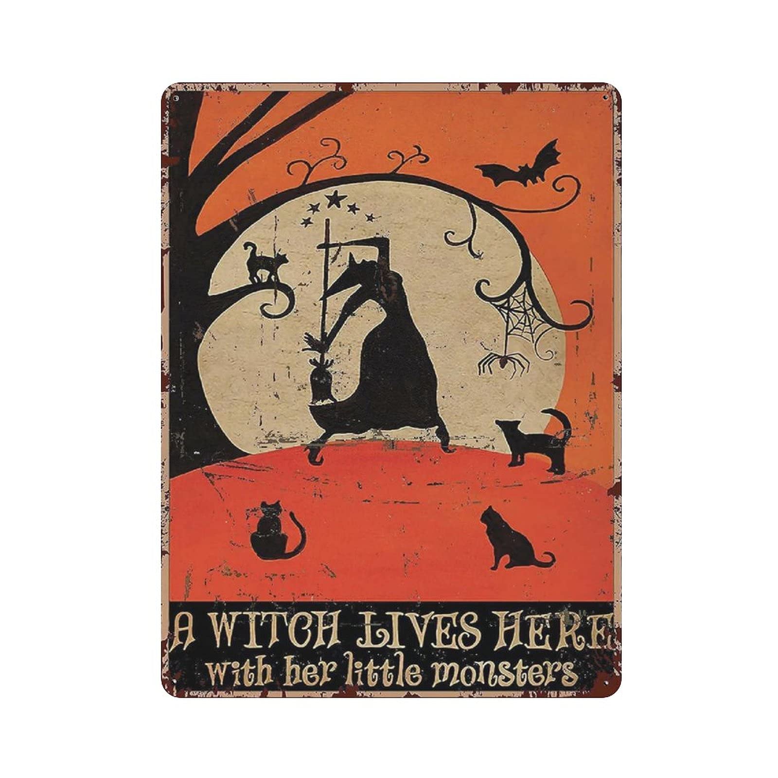 A Witch Lives Here Metal Tin Sign Artwork Poster Outdoor Sign Vintage Decor Plaque Poster Cave Garage Pub Bar Kitchen Home Decoration 16"x12"