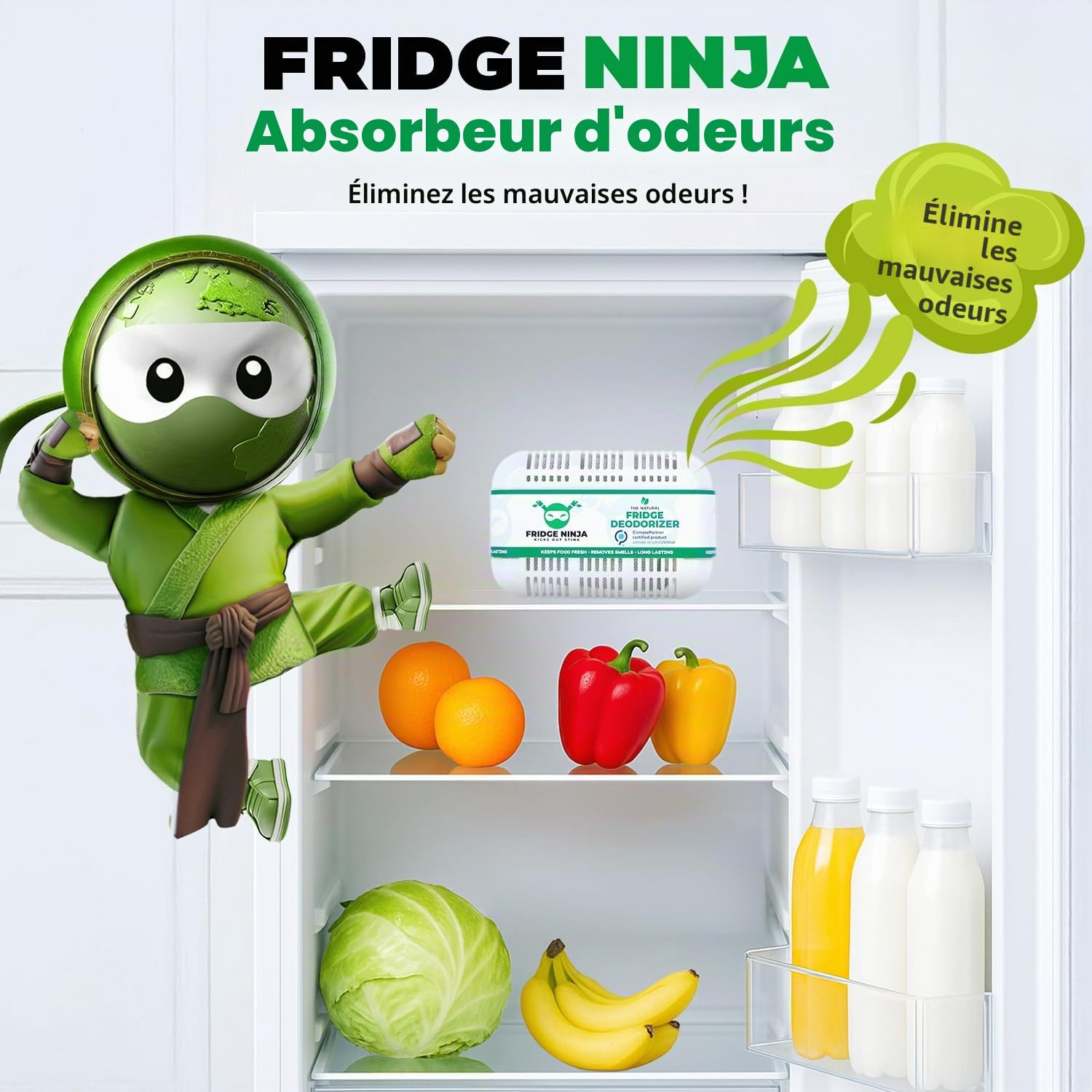 Fridge Ninja Désodorisant et désodorisant pour réfrigérateur – Charbon actif naturel non parfumé, dure 12 mois, éliminateur d'odeurs, absorbeur de parfum, accessoires de réfrigérateur pour la