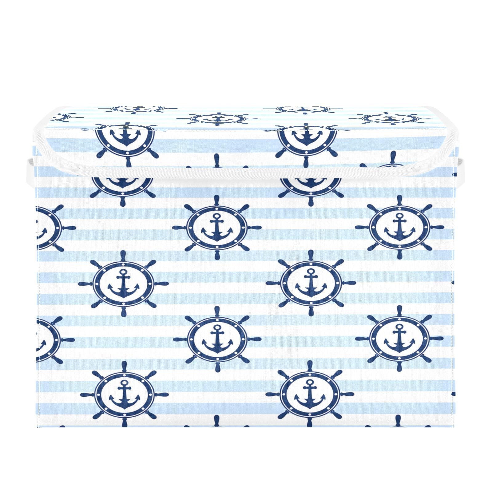 Ewusp Ship Anchors Rudder Fabric Storage Bin with Lid, Decorative Foldable Storage Basket with Handles, Stackable Closet Shelf Organiser Box for Clothes, Books, Bedroom, Living Room
