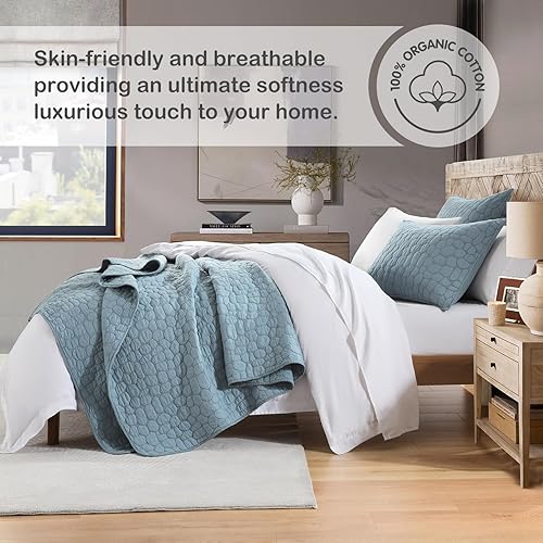 Miniatura 4 de HORIMOTE HOME - Juego de edredón de 100% algodón, tamaño king, color azul polvoriento con patrón de adoquines, prelavada, acogedora colcha