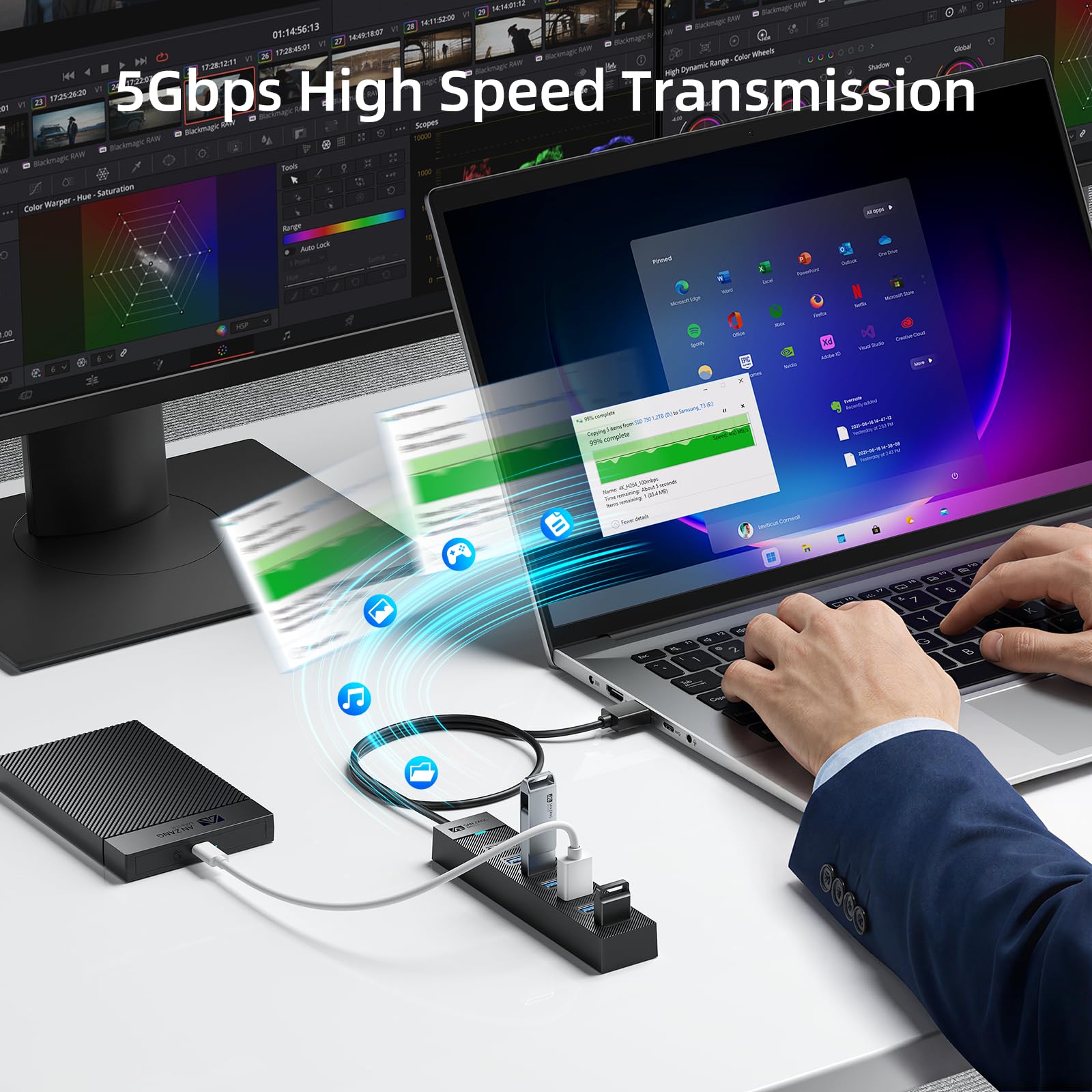 7-portowy hub USB 3.2 Gen1, koncentrator USB 3.0 z kablem 100 cm i portem zasilania 5 V/3A, koncentrator danych USB Hub USB do laptopa, MacBooka Pro/Mini,Surface Pro, mobilnego dysku twardego itp