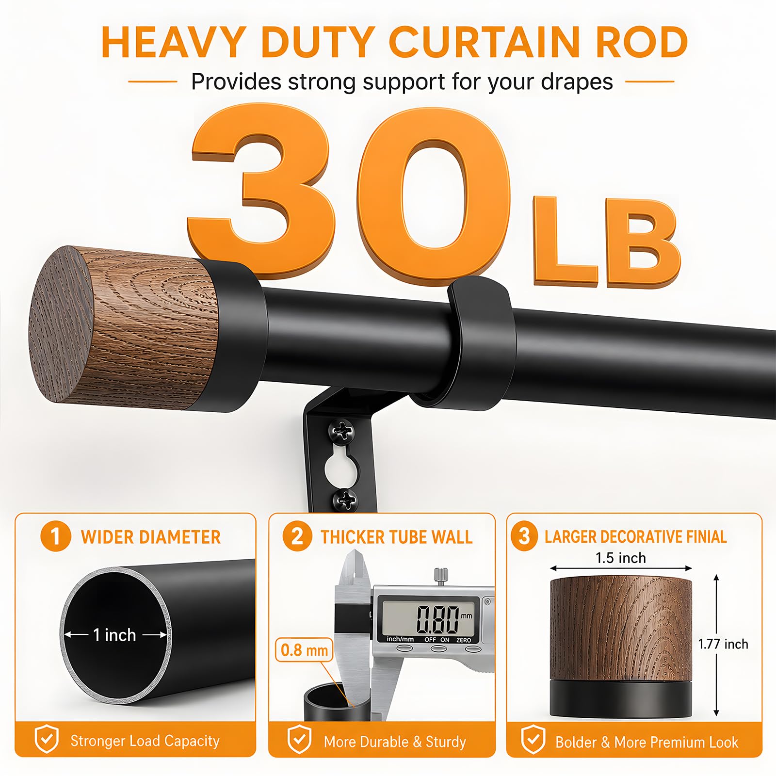 Rustic Wood Curtain Rods - 32-84 Inch -2