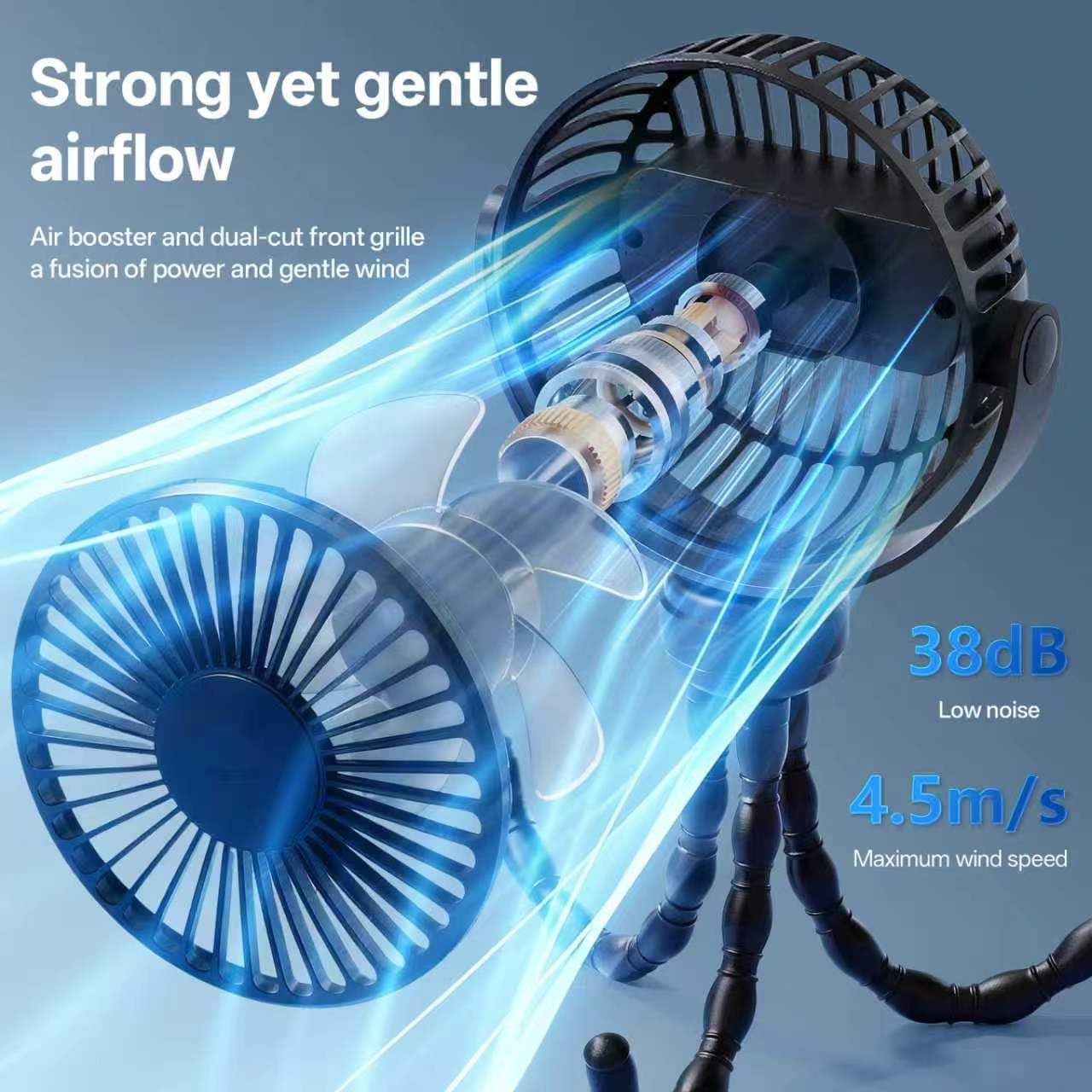 Amormiya Stroller Fan, 4000mAh 20H Battery Operated Portable Fan, 3H Fast Charging Type-C Rechargeable Clip on Fan, Ultra-Quiet Flexible Tripod Fan for Car Seat, Crib, Treadmill, Travel - Black