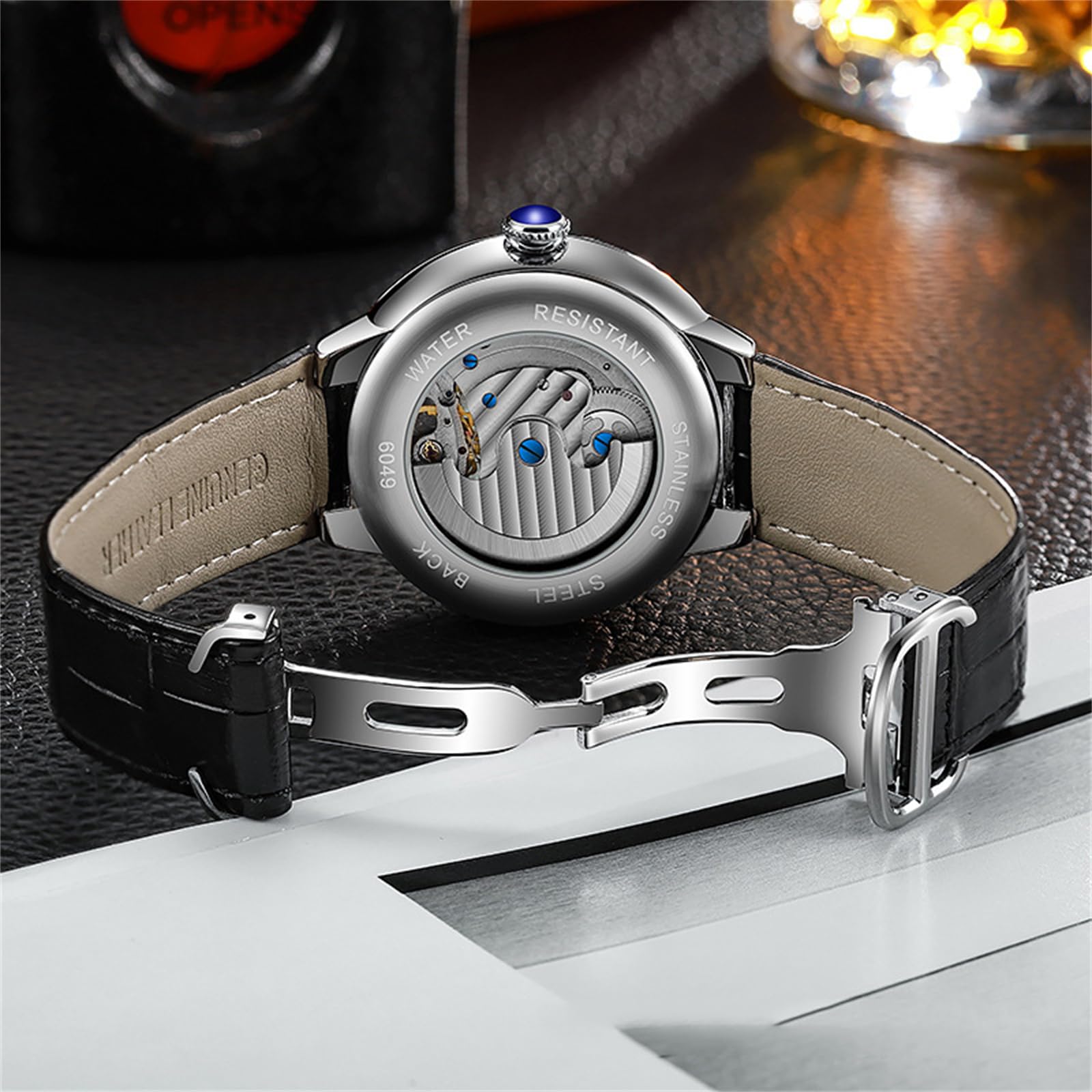 Herren-Armbanduhr, mechanisch, Handaufzug, Lederarmband, Mondphase, Tourbillon, großes Zifferblatt, Business-Automatikuhren, leuchtend
