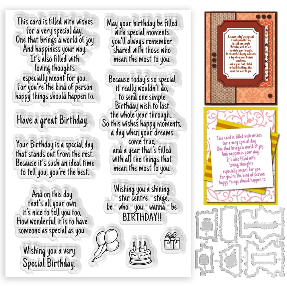 BEUNITONE Birthday Sentiment Clear Silicone Stamps for Journaling and Metal Frame Cutting Dies for Card Making, Birthday Phrase Greeting Words Design Card Making Supplies Reusable for DIY Scrapbooking