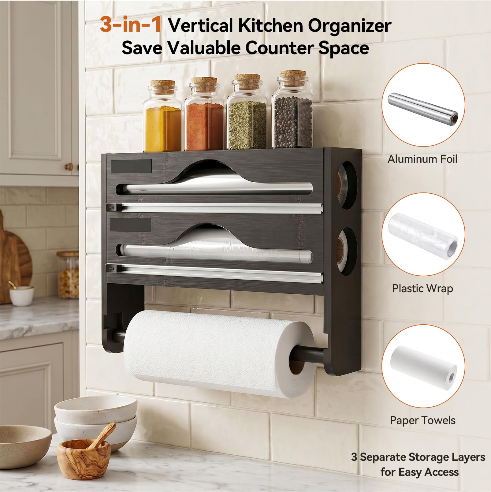 Portarotolo da cucina 3 in 1 in legno, dispenser di pellicola in alluminio e contenitore salvafreschezza, dispenser di pellicola salvafreschezza con coltello scorrevole, porta rotolo da parete da