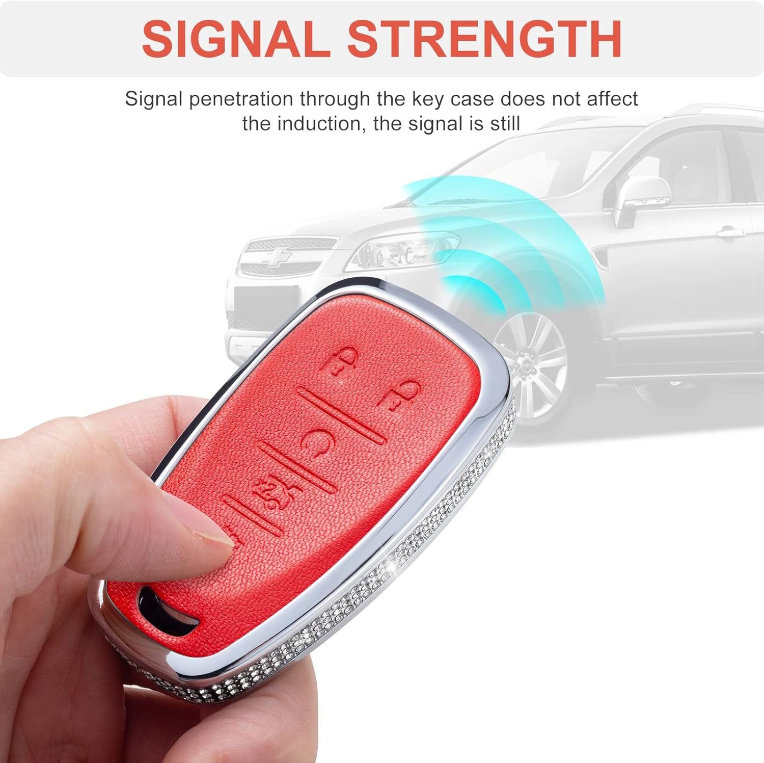 Compatible with Chevy Key Fob Cover with Keychain Genuine Leather Crystal Key Case Protector for Chevrolet Equinox Malibu Cruze Camaro Tahoe Silverado Traverse Blazer Sonic (Red)
