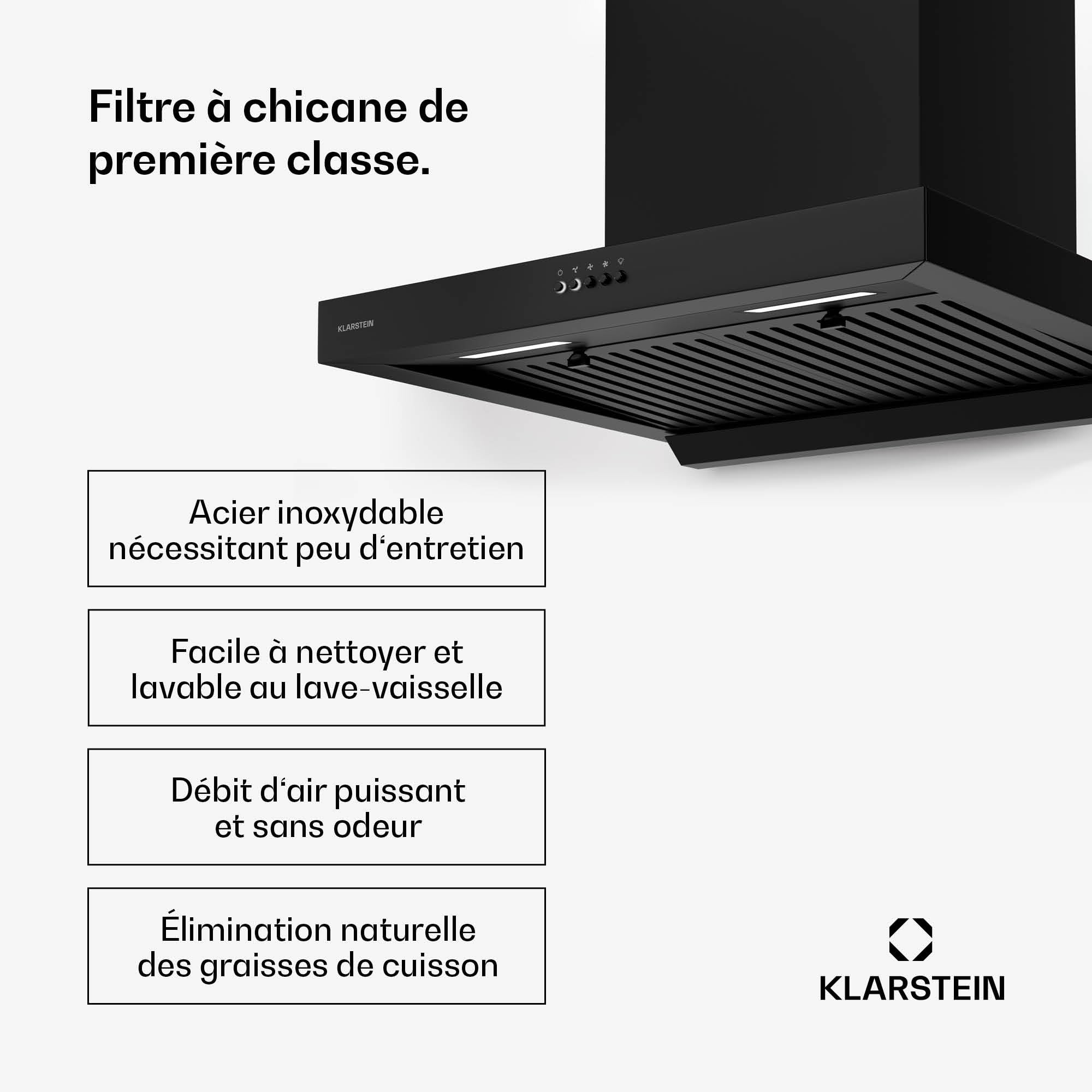 Klarstein AeroClean Hotte Aspirante - 60 cm Hotte murale, Débit 721 m³/h Boost, CEE A++, LED 3800-4200 K, Silencieuse 52 dB, Filtres à chicanes & Charbon, Noire