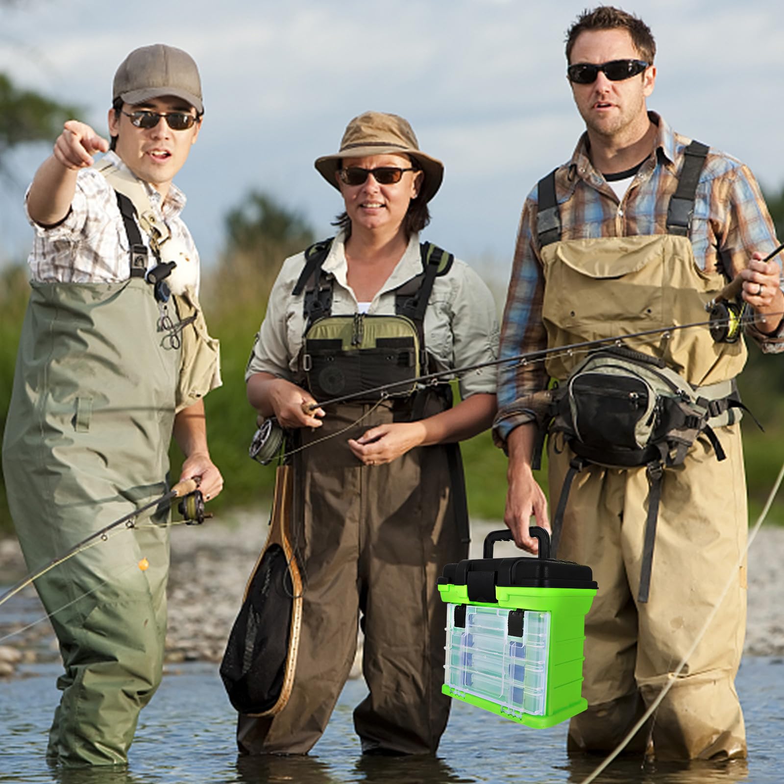 Hohopeti Boîte de Rangement Grosse Capacité pour Outils de Pêche Protection Optimale en Plastique Vert 4 Couches et Poignée Portable Pêche en Mer