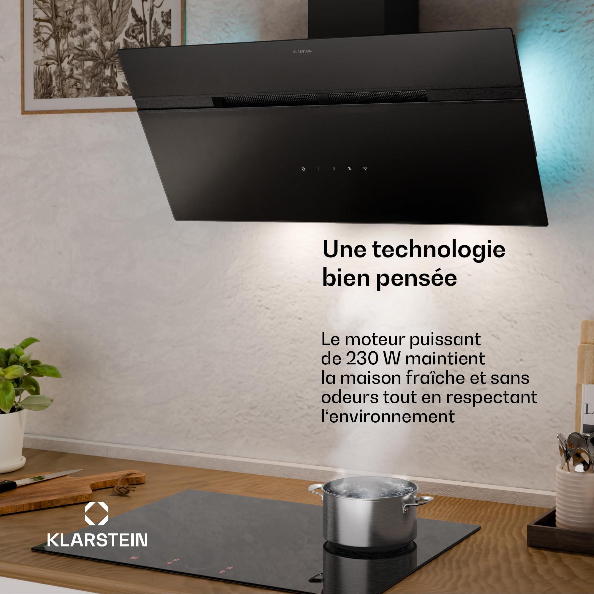 Klarstein Alina hotte aspirante 90 cm murale 615 m³/h LED 9 couleurs tactile classe A 54 dB noire extraction recirculation