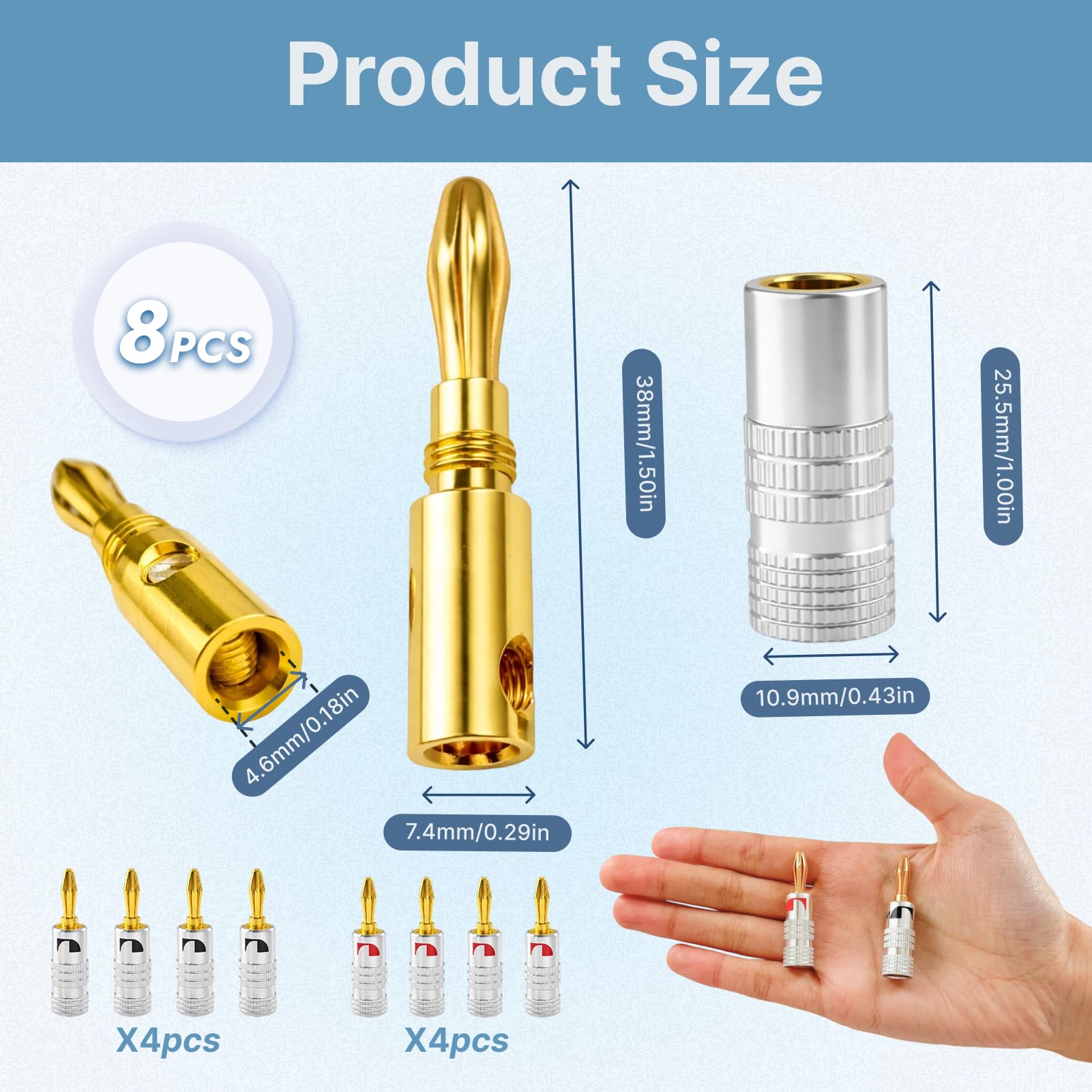 8PCS Fiche Banane 4mm pour Câble Enceinte, Fiche Banane Enceinte Connecteurs pour Enceintes Plaqués Or sans Soudure, Fiches Banane HiFi pour Haut-Parleur et Amplificateur, Banane Connecteur Audio