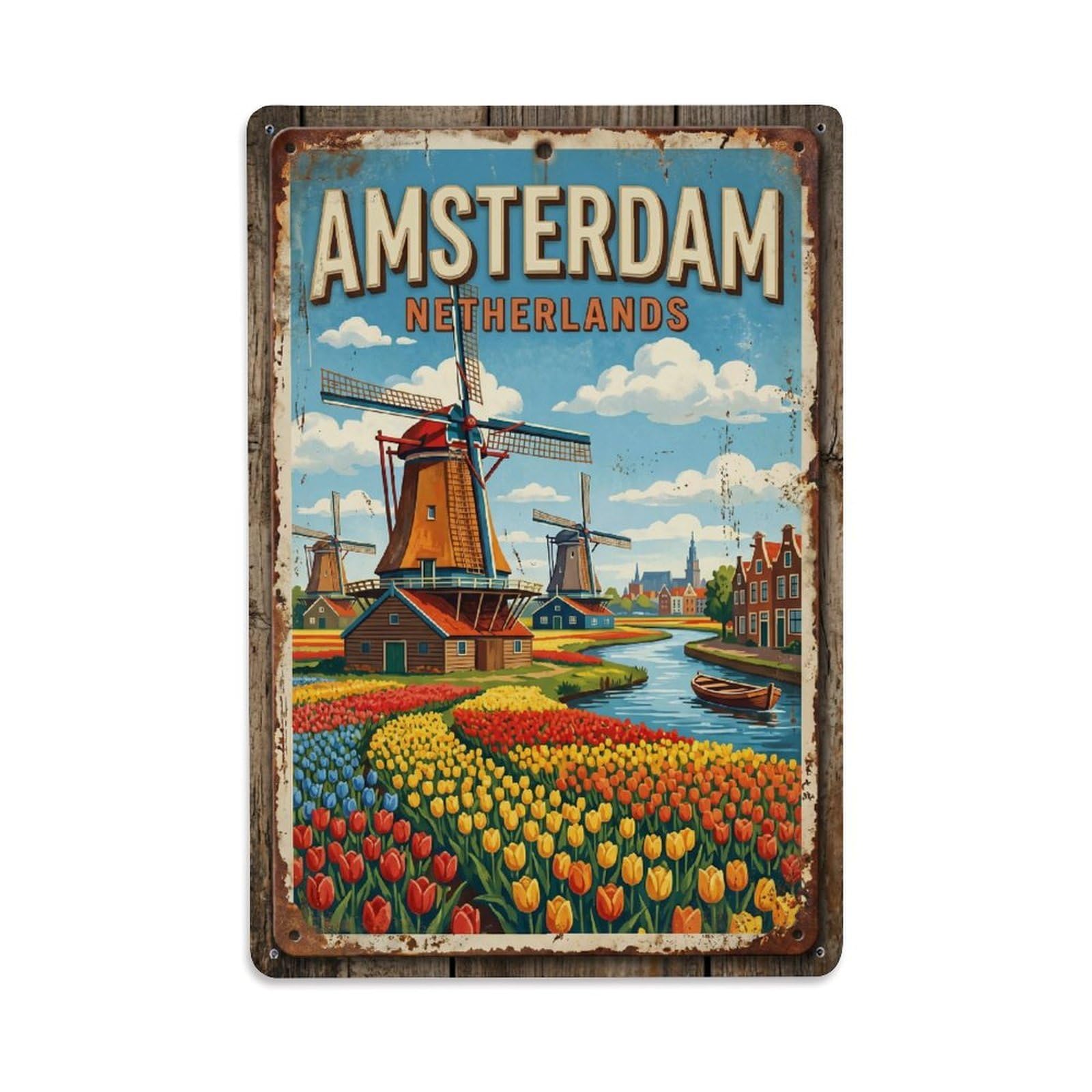 Cmhok Vintage Style Vintage Travel Windmill Amsterdam Metal Tin Sign Wall Decor For Cafe, Club, Garden Metal Poster 8X12inch