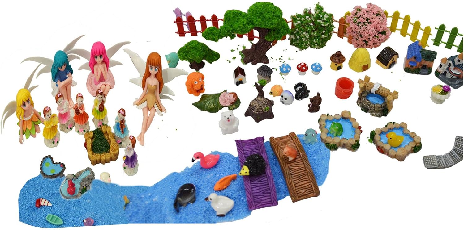 110 Pcs Fairy Garden Accessories Miniature Kit – Resin Music Fairy Figurines, Mini Animals, Fake Pond Bridge Trees Fence Blue Gravel for Terrarium, Micro Landscape, Outdoor Mini Garden Décor