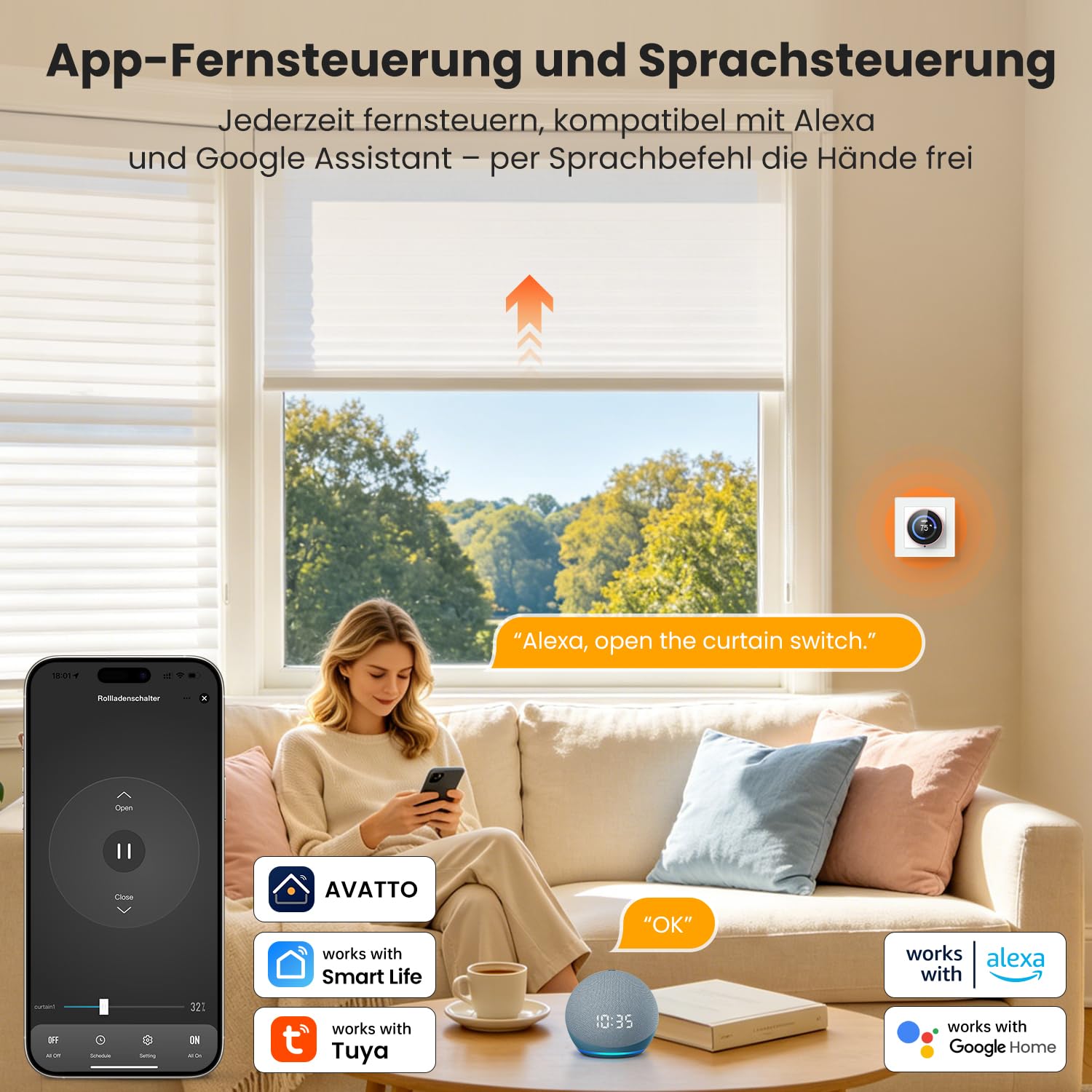 AVATTO Smart Rolladenschalter WLAN 55x55mm mit Prozentfunktion Kompatibel mit Alexa, Google Assistant，Steuerung der Rollläden/Jalousien/Markisen