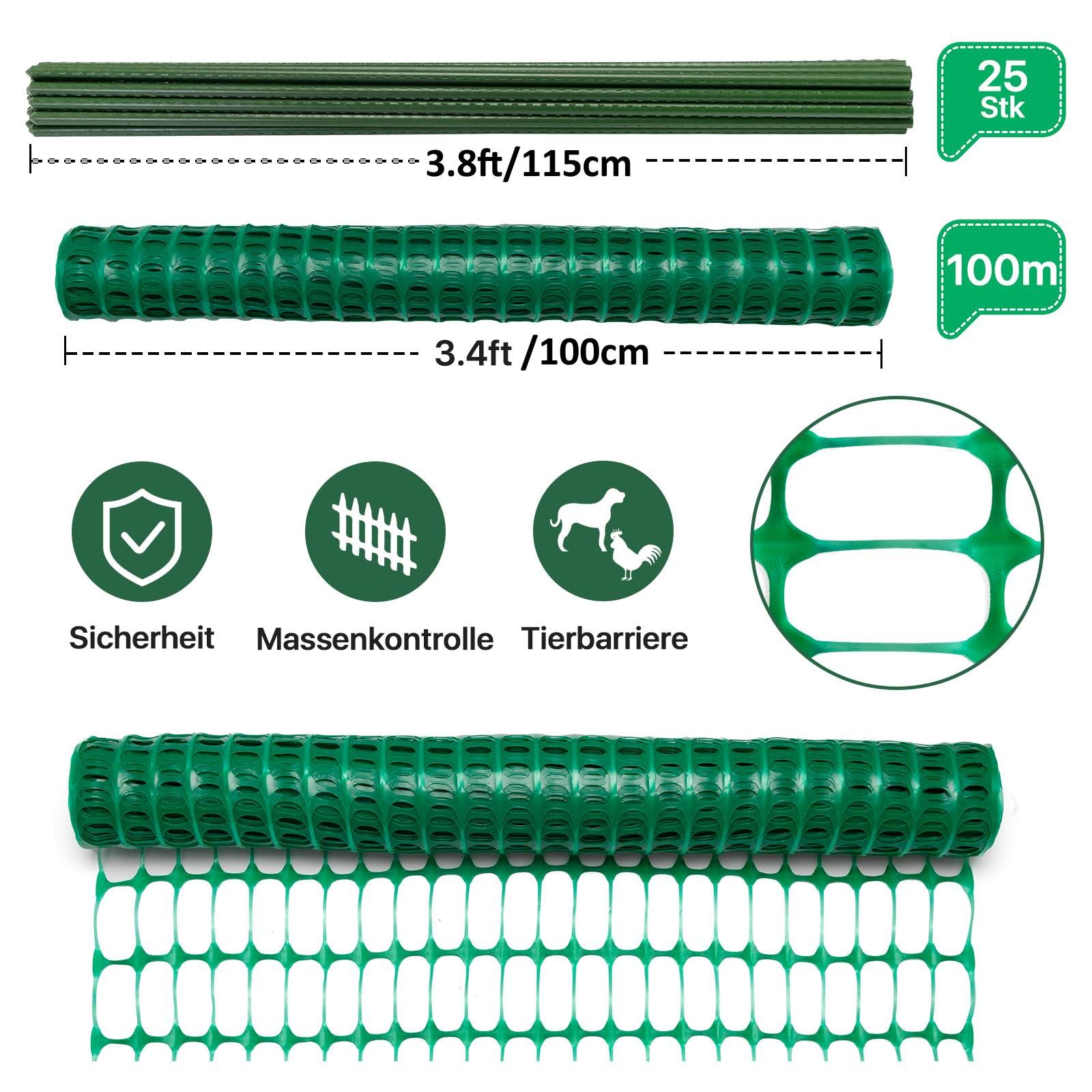 Signstek Begrenzungszaun, 100 cm hoch, 30m lang, 25×115cm hoch Pfähle, 100×Kabelbindern, mobiler Zaun Hundezaun Hühnerzaun Gartenzaun für Garten, Haus, Hof