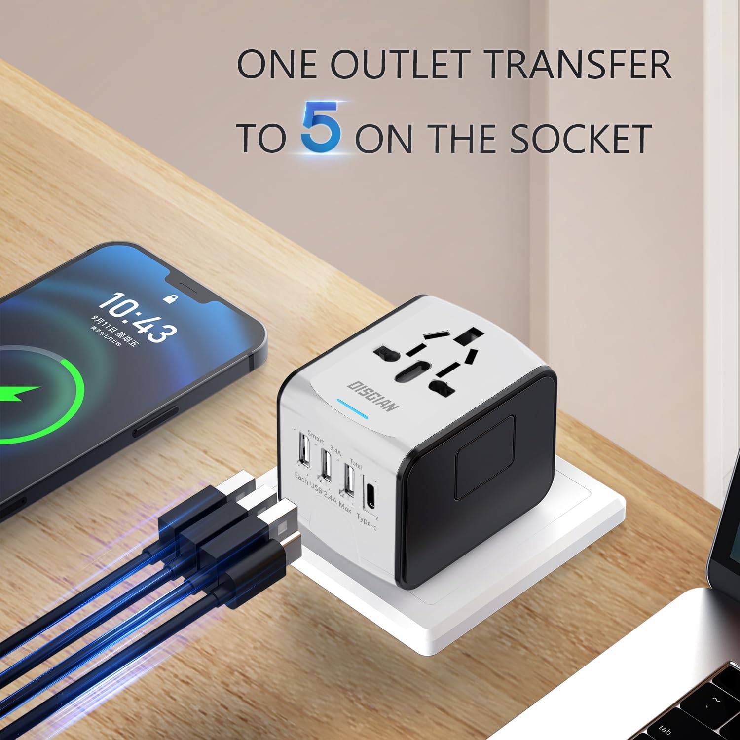 Travel Adapter, Universal International Power Adapter with 3USB Port And Type-C International Wall Charger Worldwide AC Power Plug for Multi-nation Travel UK, EU, AU Over 200 Countries (White)