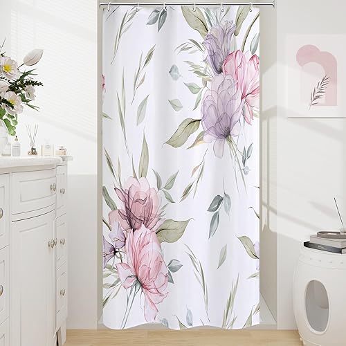 Miniatura 23 de Cortina de ducha bohemia con estampado floral de acuarela azul y gris, estilo de pintura de tinta, cortinas de ducha de flores y hojas de granja