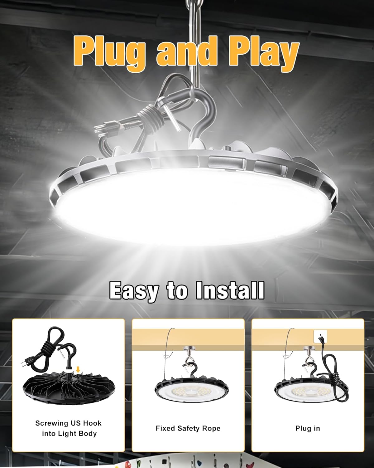 UFO LED High Bay Light 150W 10Pack, High Bay Shop Lights 16,500Lm 5000K with US Plug, Hanging Hook, Safe Rope, IP65 Waterproof Commercial Bay Lighting for Warehouse Factory Barn Shop UL Listed