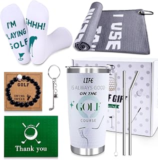 CAKKA 9PC Golf Gifts for Men - 20oz Insulated Tumbler, Towel, Socks, Keychain, Bracelet, Gift Box - Perfect for Dad, Golfer Christmas