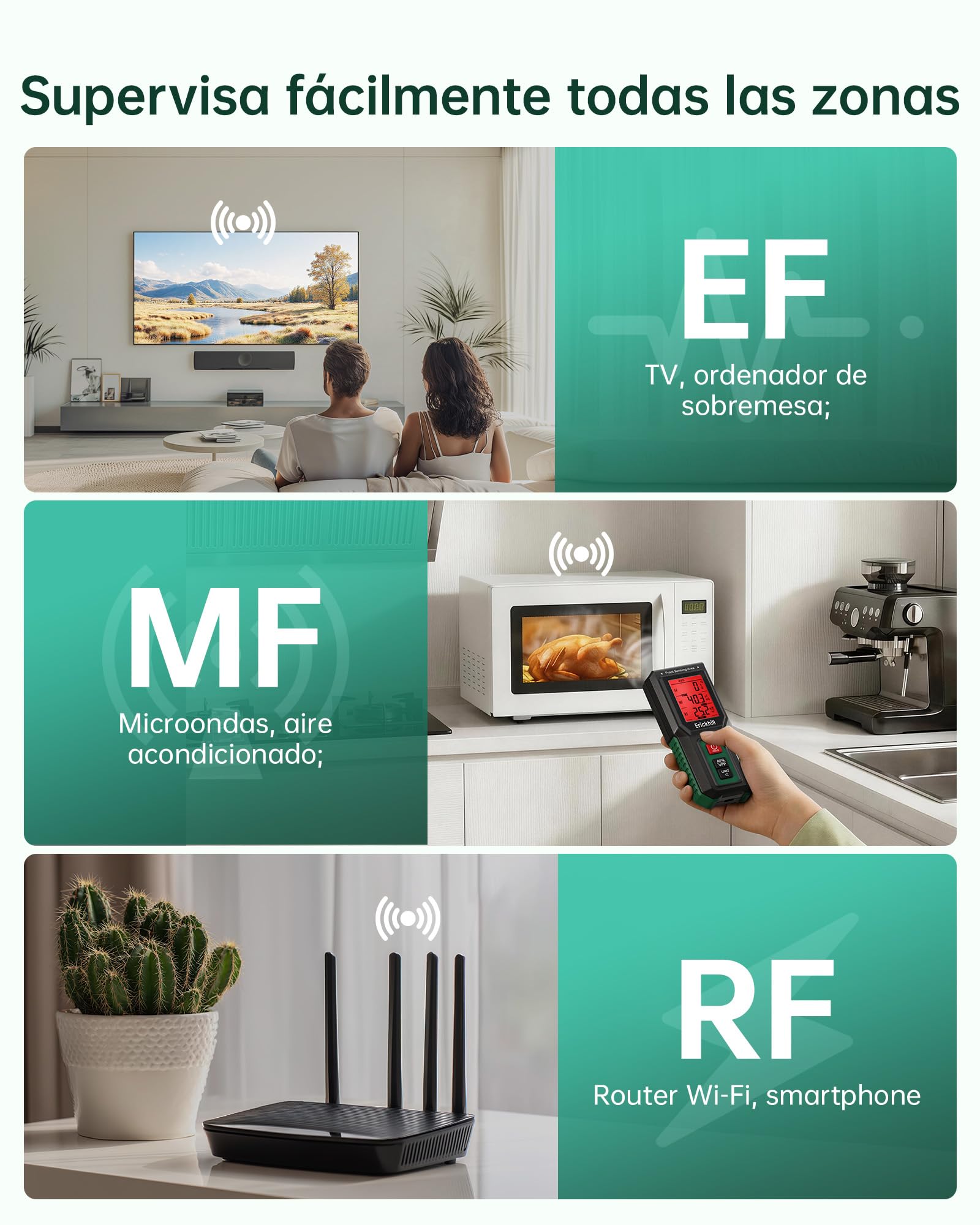 ERICKHILL Medidor EMF 3 en 1, detector EMF de 3 ejes para EF/MF/RF, medidor de radiación con pantalla LCD, detector RF recargable con 3 modos de alarma para hogar y oficina