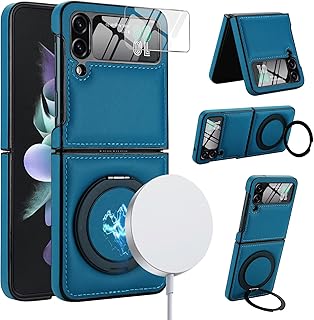 XKchatpt Case for Samsung Galaxy Z Flip 3,Kickstand 360° Rotatable Stand Case with Screen Protector,PU Leather Support Wireless Charging,Anti-Shock, Anti-fall Cover for Galaxy Z Flip 3 (Blue)