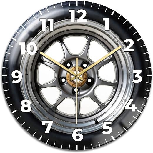 peacoblue Wall Clocks Battery Operated 12 Inch Vehicle Tire Glass Round Wall Clock Non Ticking for