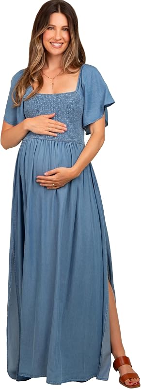 Light Chambray Smocked Maternity Maxi Dress