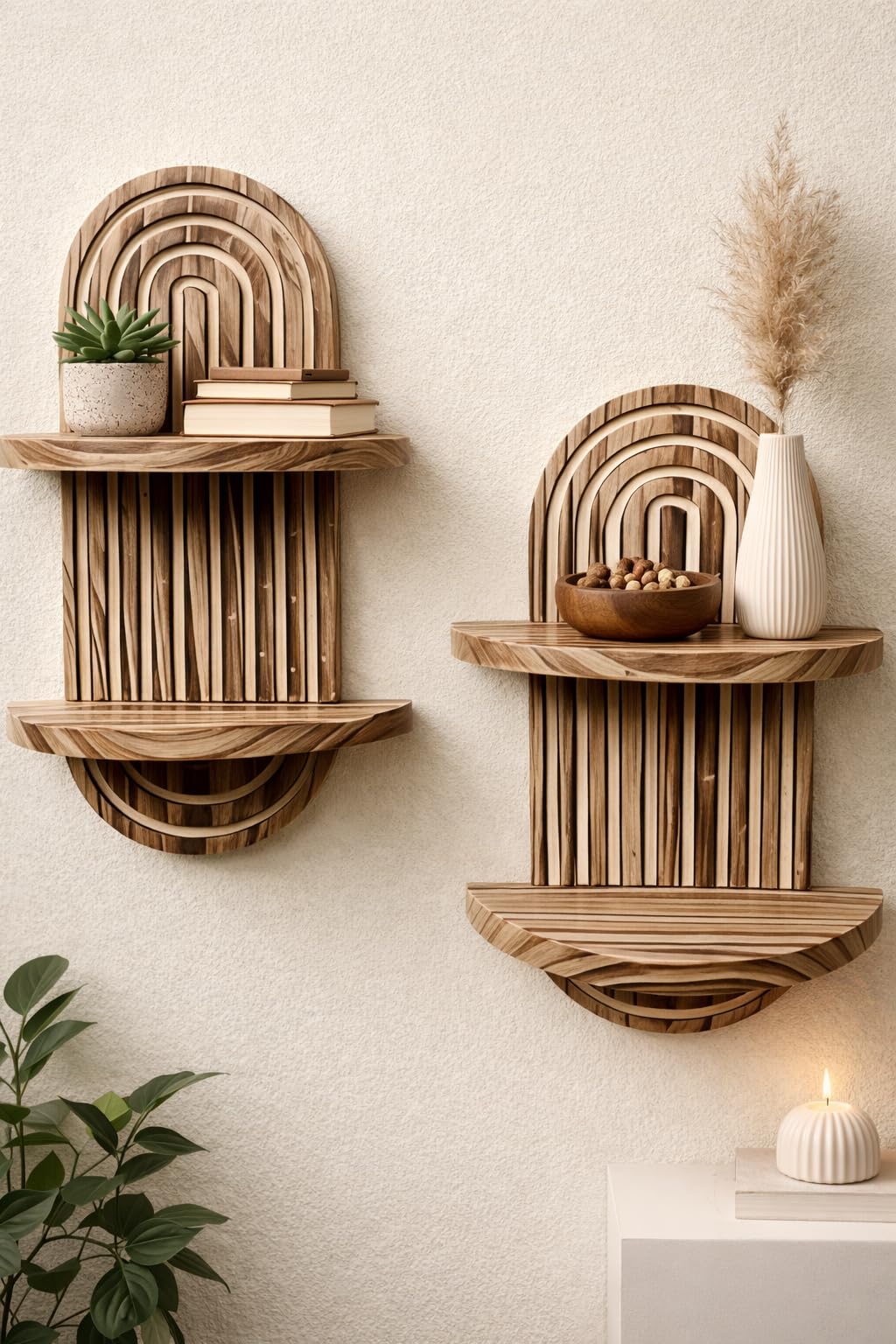 Pine Wood Wall Shelf with Rainbow Arch Design, Natural Wood Floating Shelf | Set of 2-image-35