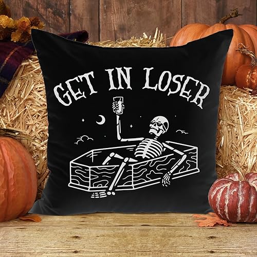 Miniatura 2 de CarOptics Fundas de almohada negras de calavera de Halloween (18 x 18 pulgadas)  Divertidas fundas de almohada con diseño de esqueleto perdedor para