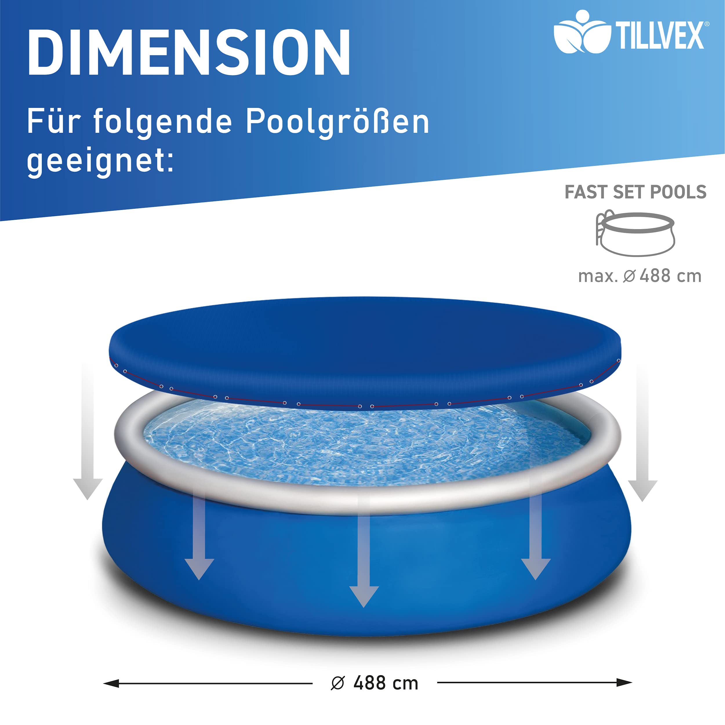tillvex Telo di copertura per piscina, 488 cm Fuori Terra Rotonda, resistente ai raggi UV e antistrappo, per piscina