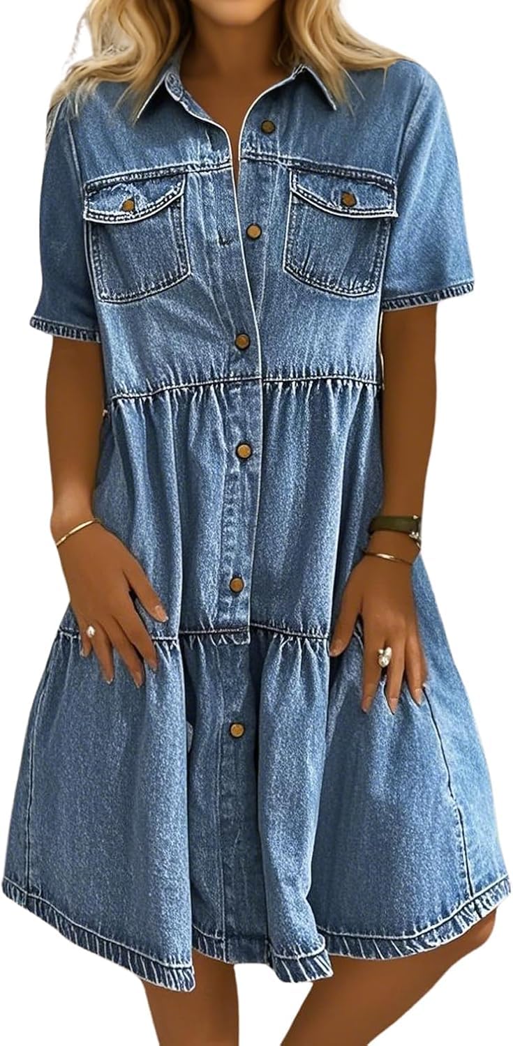 Vestido camisero vaquero informal de verano para mujer con solapa manga corta botones largo medio dobladillo con volantes bonito vestido vaquero desgastado con capas y volantes.