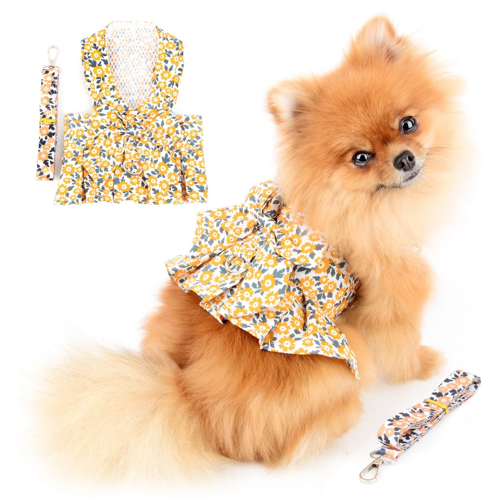 PAIDEFUL Arnés Vestido para Perros Pequeños Gatos Niñas Flores Falda tutú Malla Suave Transpirable Ropa para Mascotas con Correa 1.6m Mini Cachorro Chihuahua Yorkie Ropa Primavera Verano Naranja M