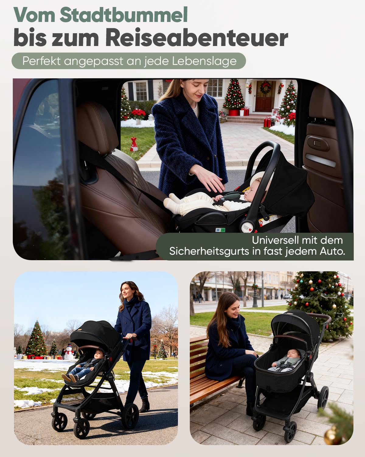 Sekey Kombi Kinderwagen Baby 3 in 1 Komplettset mit Regenschutz und Moskitonetz, Kinderwagen mit Liegefunktion bis 25kg, 0 bis 4 Jahre, 4-Rad-Federung, 5 Punkt-Gurt mit Reflektor, BW600, Schwarz