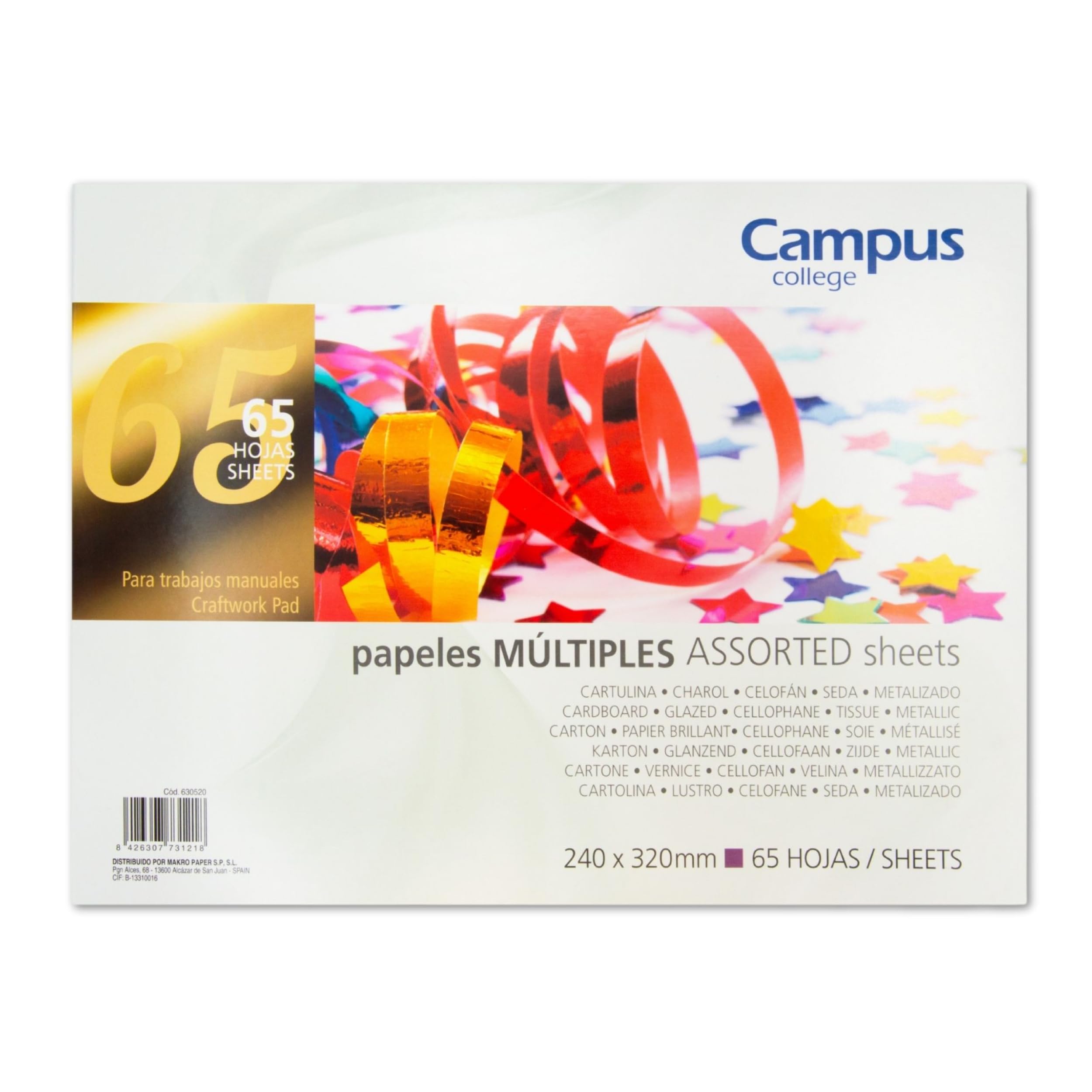 Campus – Bloc de Papeles Surtidos para Manualidades, Cuaderno Multipapeles de 65 Hojas, Incluye Cartulina, Papel Charol, Papel Celofán, Papel Seda y Papel Metalizado para Manualidades (240 x 320 mm) APLI 17596 - Bloc papeles surtidos 32 x 24 cm 45 hojas