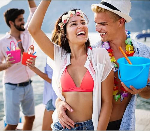 Miniatura 5 de Juego de cubos de arena y palas de playa para niños, cubo de plástico con 100 pajitas de plástico para verano, vacaciones, fiesta, playa, fiesta de