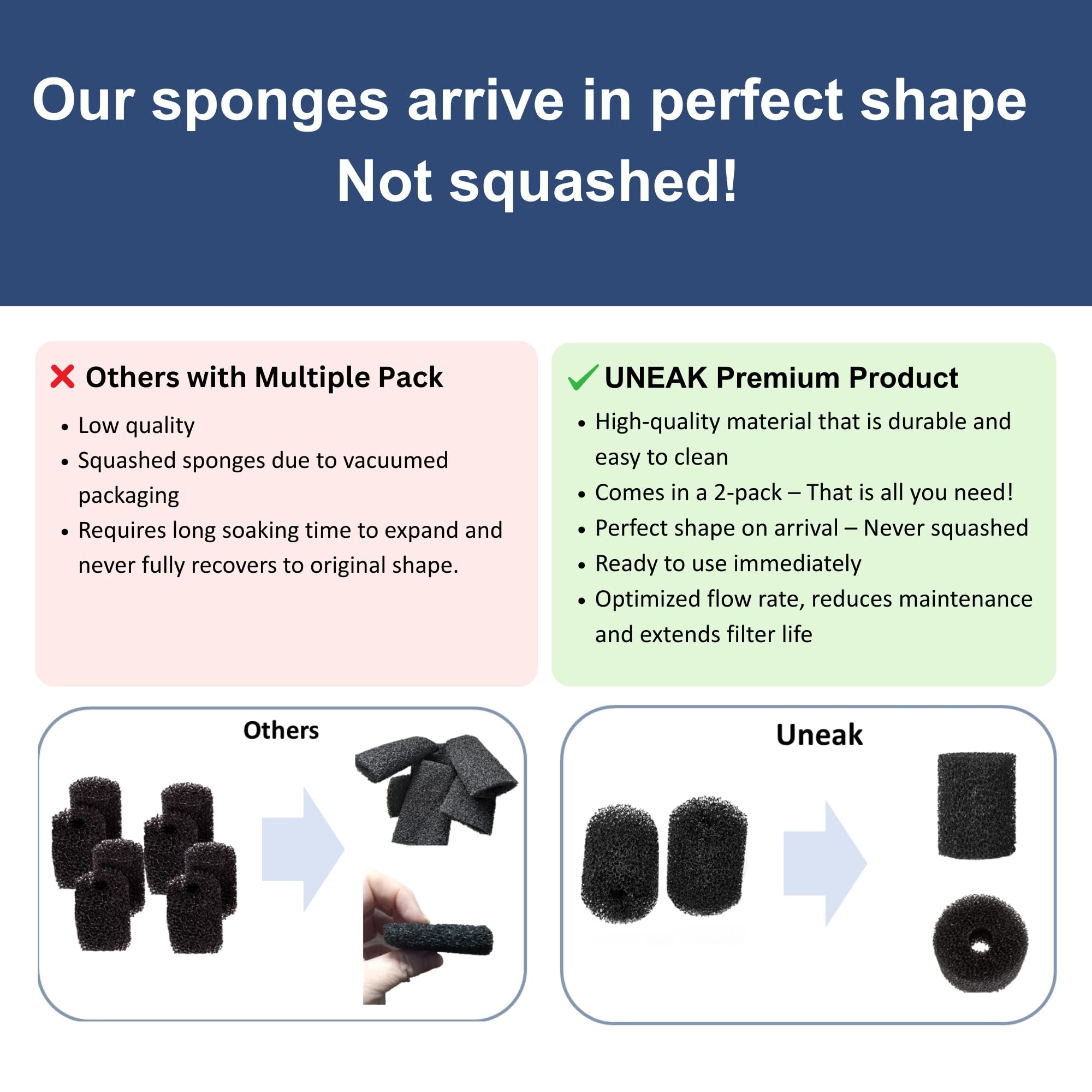 UNEAK 2-Pack Large Premium Pre Filter Sponge Aquarium Intake High-Porosity Foam Roll Fish Tank Shrimp Beta Baby Fish Replacement Foam Cover Filtration Freshwater Saltwater 5-20 Gallons Easy to Clean - image 5