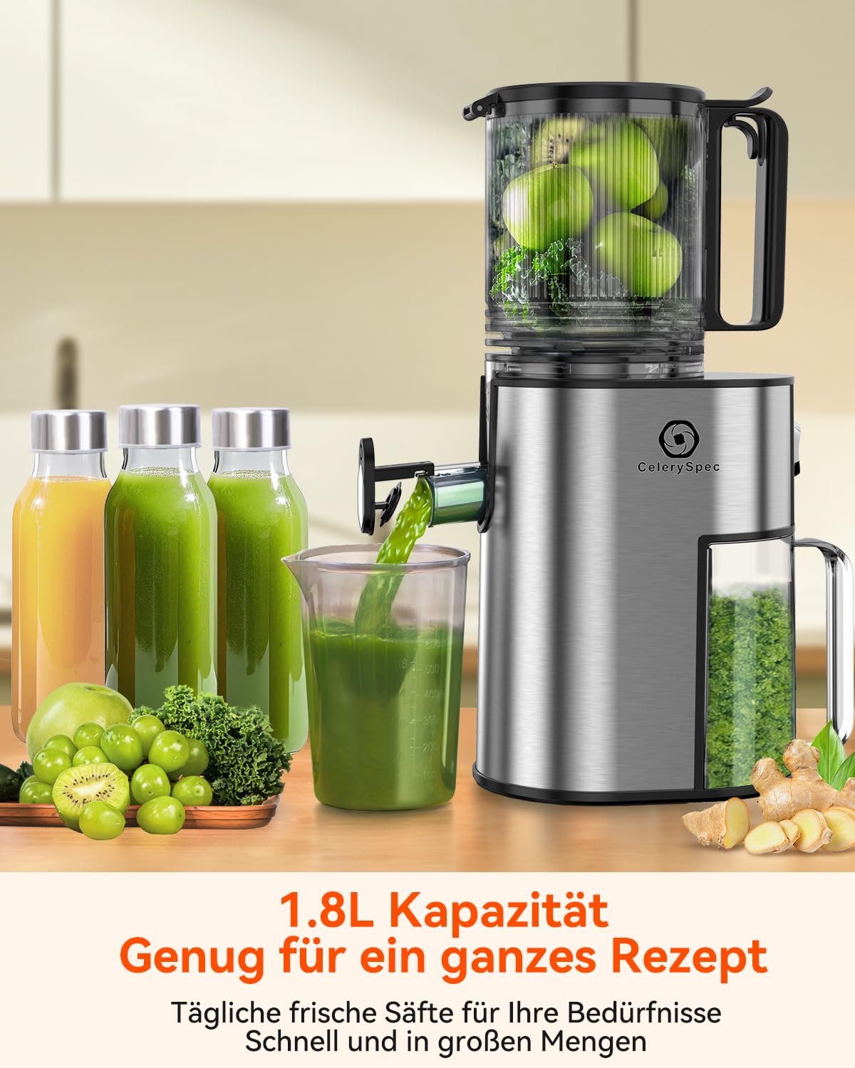 Slow Juicer Testsieger, Entsafter für Ganze Gemüse und Obst, Juicer Machine mit 130 mm Einfüllöffnung, 1,8L, BPA-frei, 250W, Rücklauffunktion, einfache Reinigung, Edelstahl Schwarz