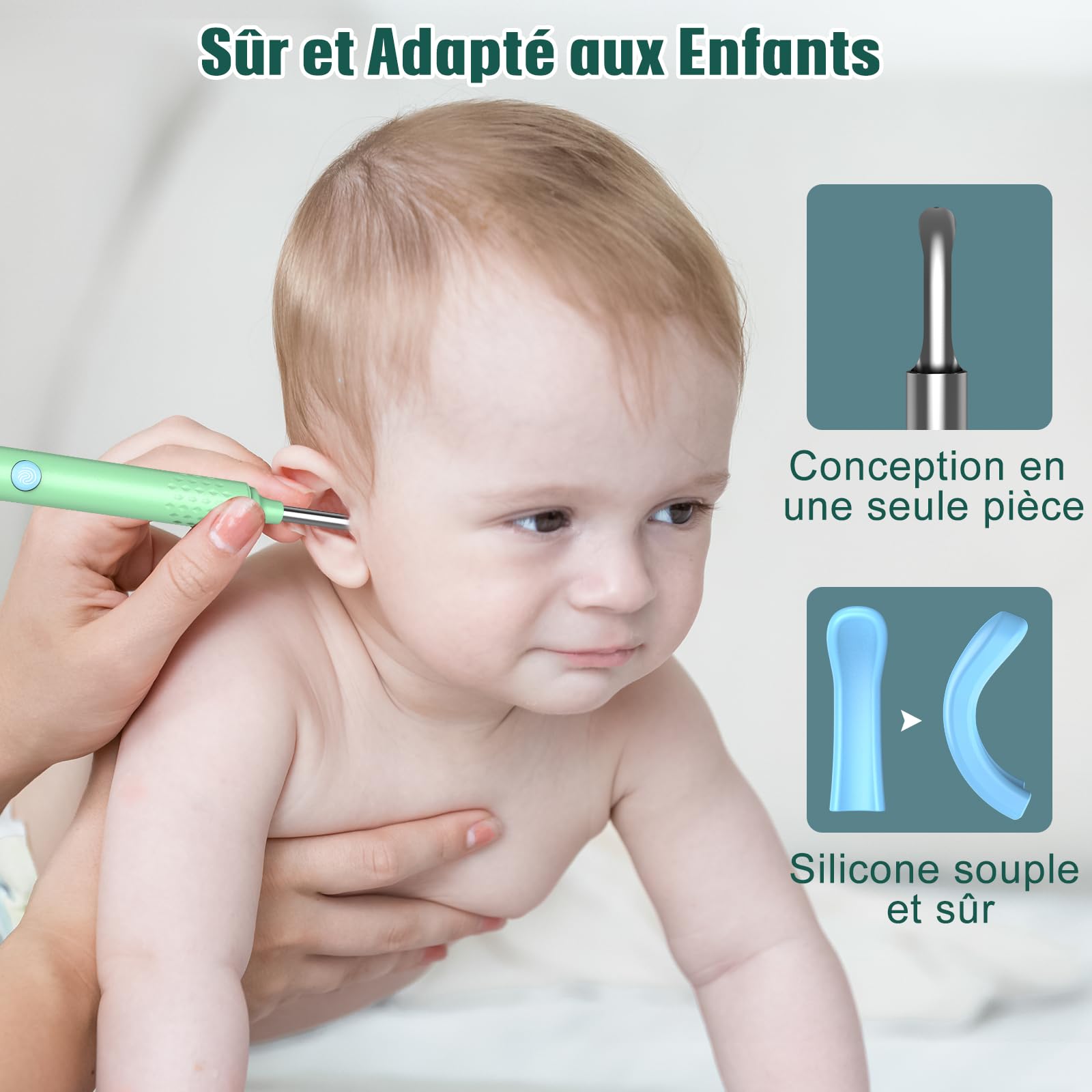 Otoscope Oreille 1920P Camera Oreille Nettoyage avec 6 Lumière et 7 Pièces Kit Nettoyage Oreille pour Smartphones iOS et Android, Accessoire Pratique pour une Hygiène Auriculaire(Vert)