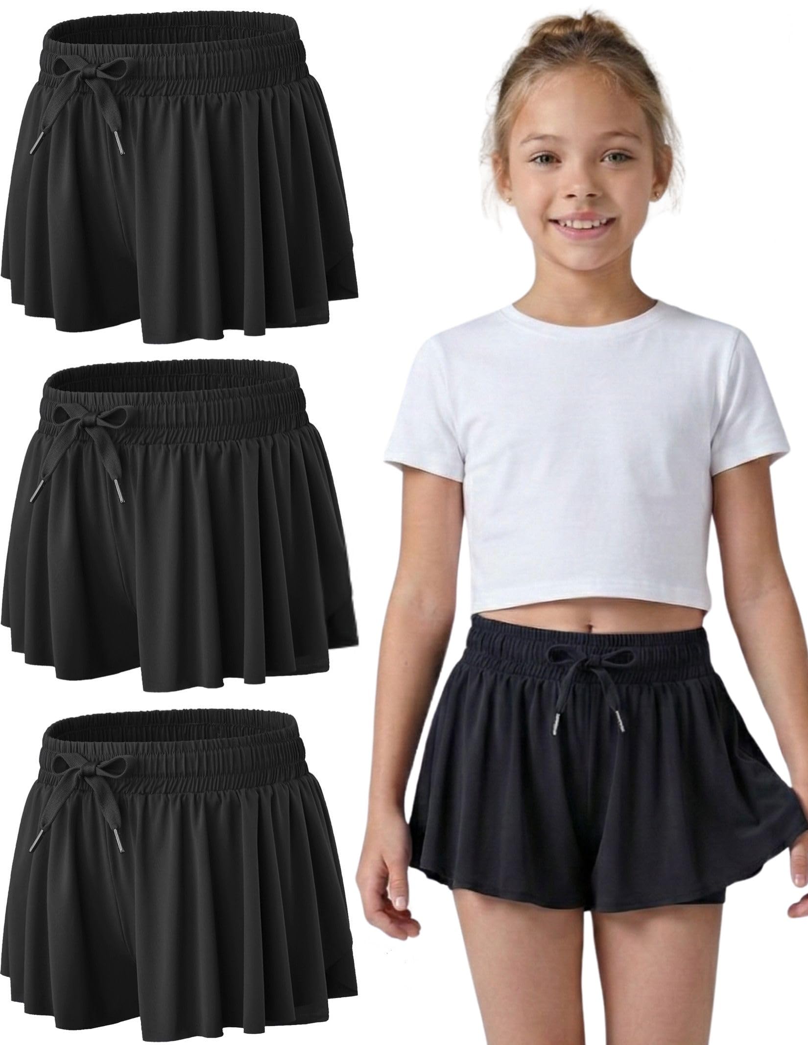 3 Pack Girls Flowy Shorts with Spandex Liner 2-in-1 Youth Butterfly Skirts for Fitness, Running, Sports
