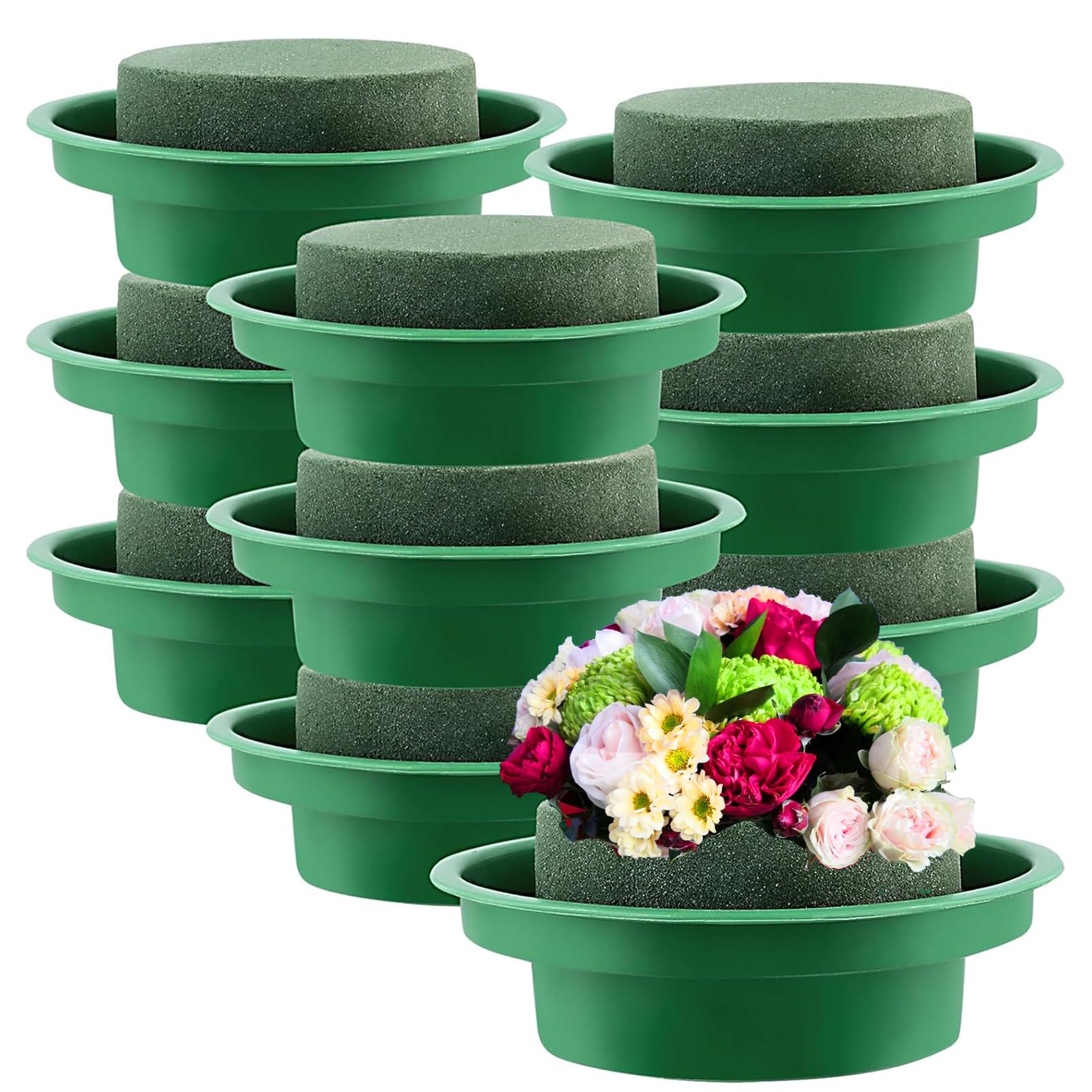 MAKTSAM 16 PCS 12 cm Floral Foam with Bowls, 4.7 Inch Round Florist Foam Block, Green Round Wet and Dried Floral Foam Base with Tray for Wedding Decoration Florist DIY Craft