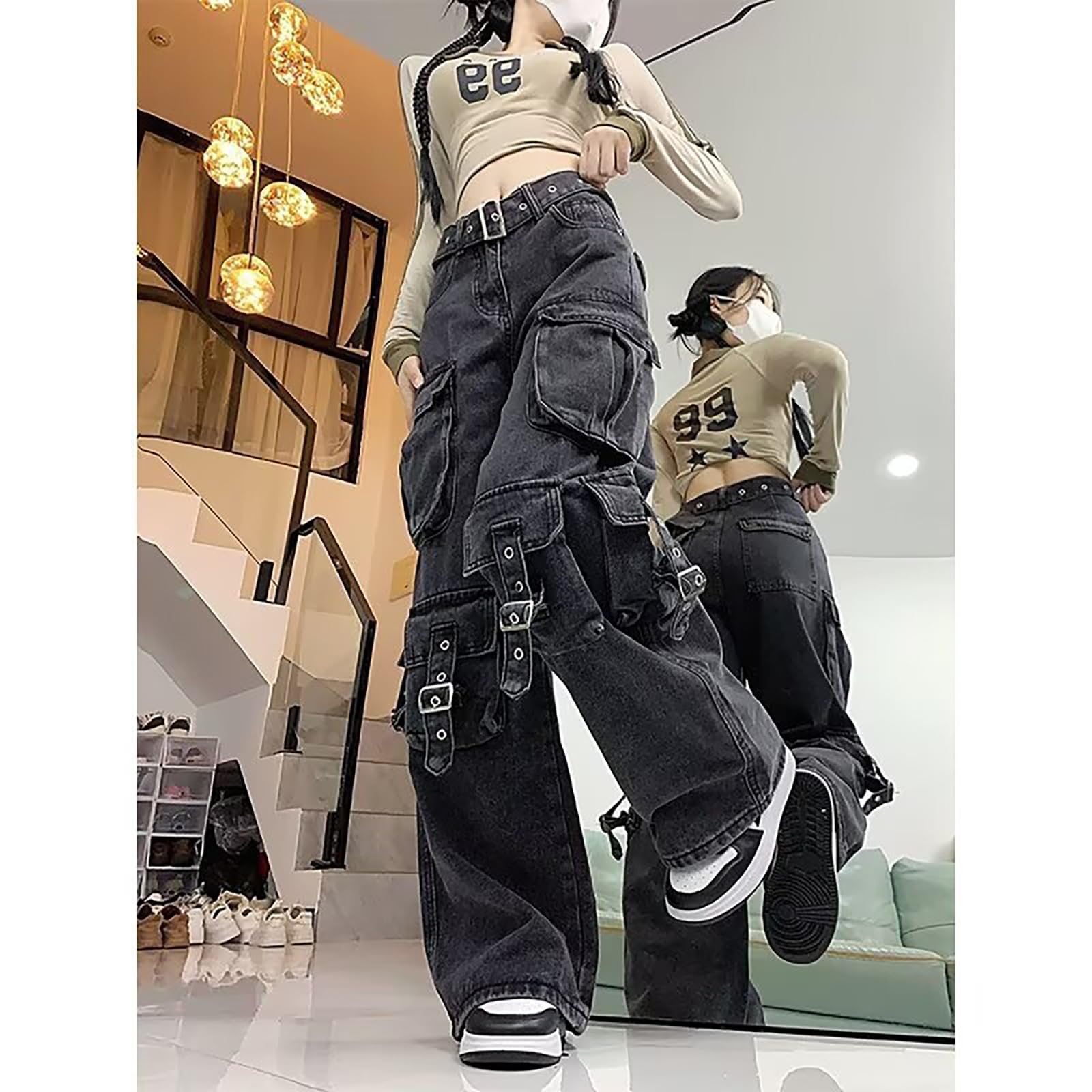 Y2k Grunge Cargo Baggy Jeanshose Emo Damen Punk Gerade Bein Hosen Alternative Y2k Kleidung