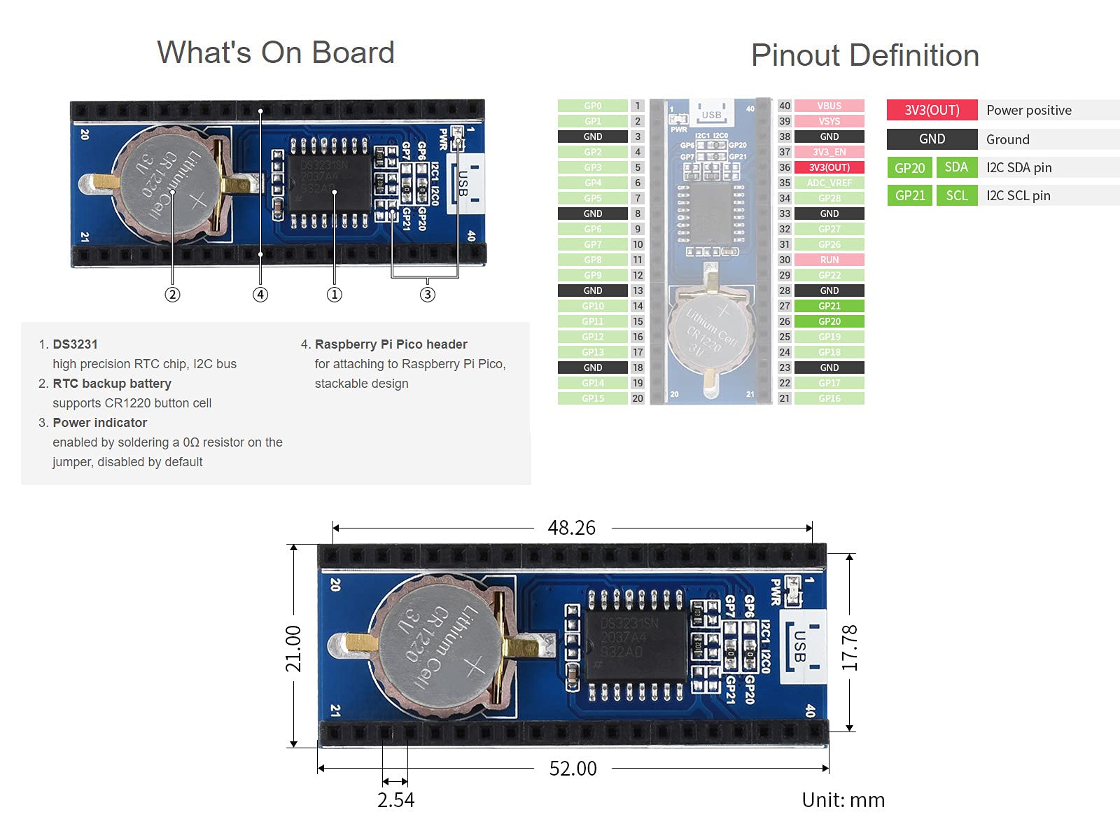 Waveshare Precision RTC Module for Raspberry Pi Pico, Onboard DS3231 Chip