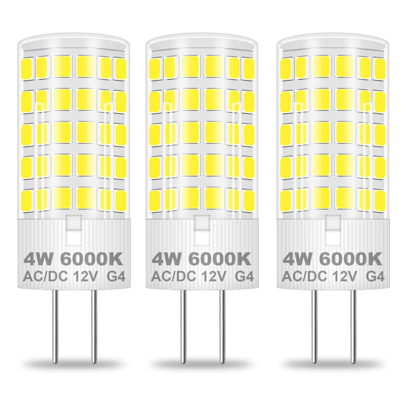 ZHENMING G4 Led 12v 4w Lampen, G4 LED Bi-Pin-Basis Glühlampe,400lm 6000K Kaltweiss Ersetzt 40W Halogenlampen,JC T3 G4 Bi-Pin Sockel 12V AC/DC Kein Flackern Nicht Dimmbar, 3er Pack
