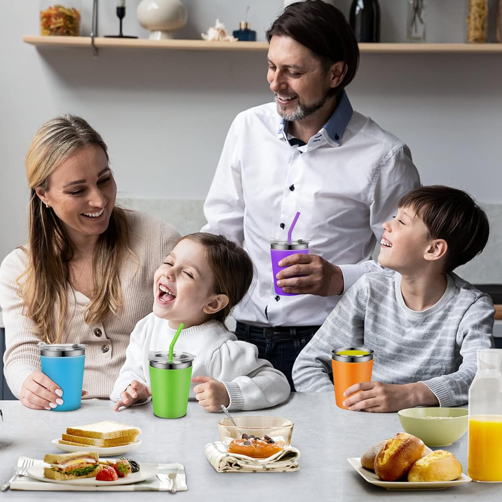 5 Stück Edelstahl Trinkbecher mit Deckel und Strohhalmen, 350 ml Edelstahlbecher Kinder Wiederverwendbarer, Trinklernbecher Edelstahl Unbreakable mit Silikonhülse für Kinder Erwachsene