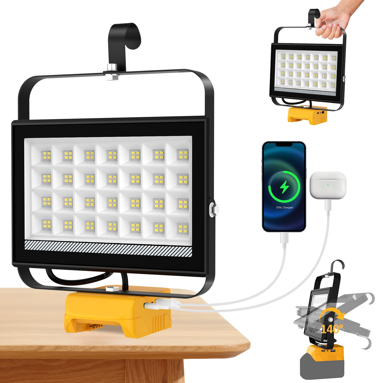 T-SUN Foco LED Recargable 100W,6000K Lampara Recargable Portatil Compatible con Dewalt Batería 18V, 2 Modos de Iluminación Luz de Trabajo para Acampar Jardín Garaje Emergencia Obra (Sin Batería)
