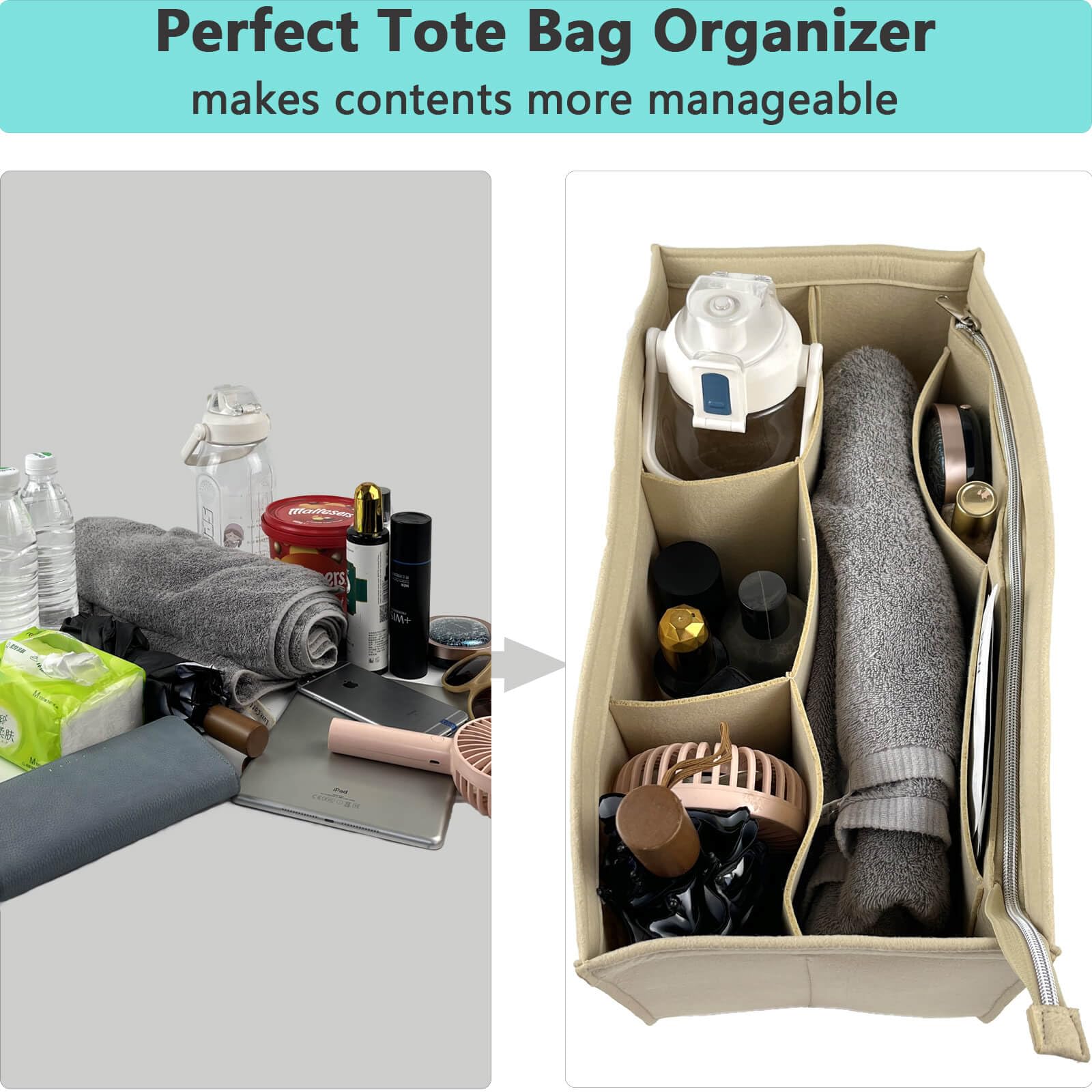 WZLMOUAO Rubber Beach Bag Organizer Liner for X-Large Bogg Bag/Simply Southern, Felt Insert Divider with Zippered Storage for Bogg Bag Accessories (Large Beige)